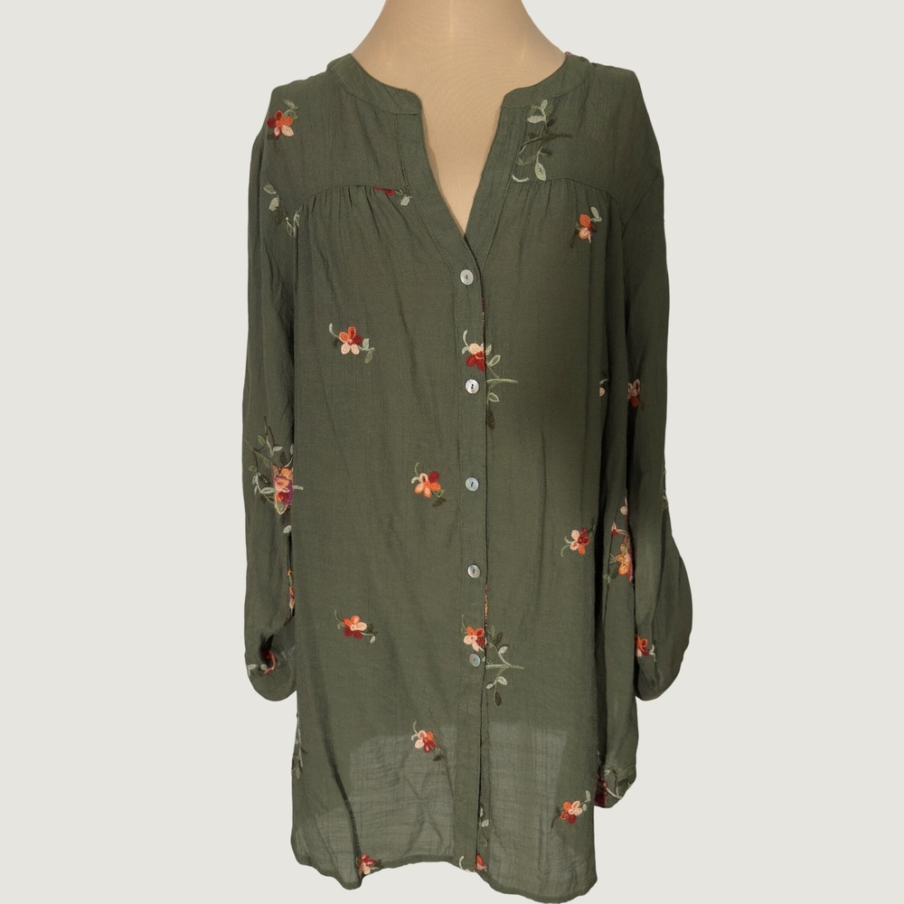 3367 | Fig & Flower Embroidered Floral Blouse Olive Green Womens S Boho Peasant